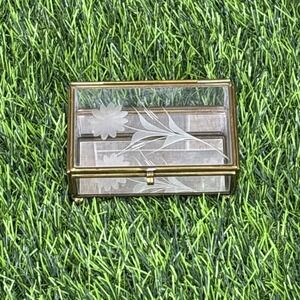 Vintage Brass Glass Trinket Box Etched Floral Jewelry Display Decor